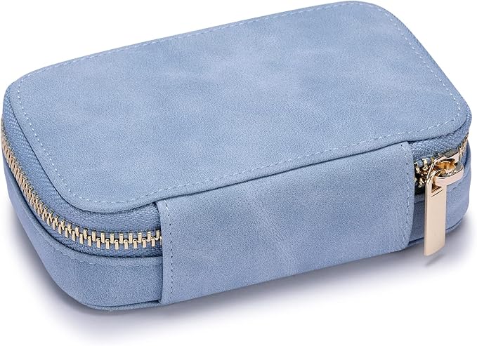 HISCOW Vegan Leather Travel Jewelry Case with Zipper - Portable Necklace & Earring Holder Organizer for Women Girls, Velvet-Lined Ring Box with Anti-Tarnish Design, Baby Blue