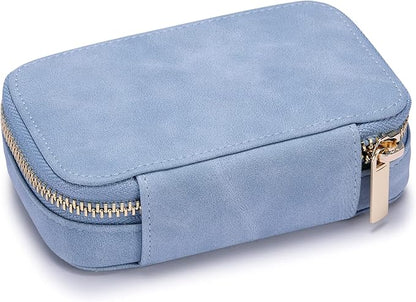 HISCOW Vegan Leather Travel Jewelry Case with Zipper - Portable Necklace & Earring Holder Organizer for Women Girls, Velvet-Lined Ring Box with Anti-Tarnish Design, Baby Blue