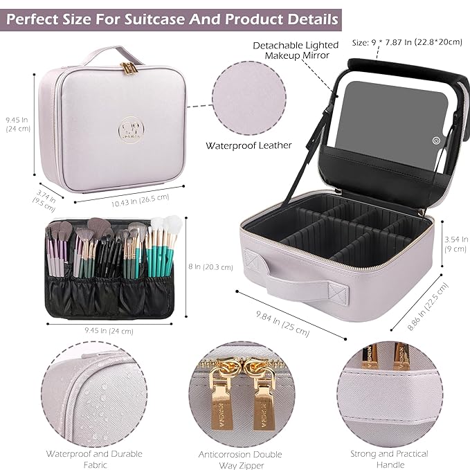 MOMIRA Travel Makeup Bag Cosmetic Bag Makeup Organizer Bag with Lighted Mirror, Adjustable Brightness in 3 Color Scenarios, Waterproof Makeup Train Case, Gift for Women - Violet grey