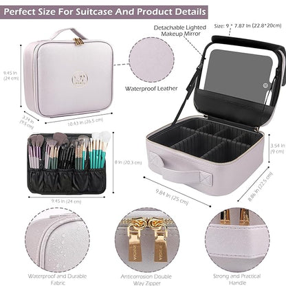 MOMIRA Travel Makeup Bag Cosmetic Bag Makeup Organizer Bag with Lighted Mirror, Adjustable Brightness in 3 Color Scenarios, Waterproof Makeup Train Case, Gift for Women - Violet grey