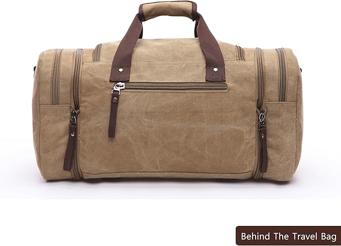 Large men's travel luggage bag, carry overnight bag, weekend handbag, waterproof canvas travel bag(khaki)