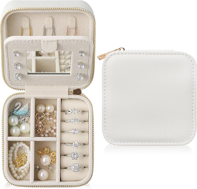 Genuine Leather Travel Jewelry Organizer Case with Mirror for Women, Small Mini Portable Jewelry Box for Earring, Ring, Necklace, Bracelet（White）