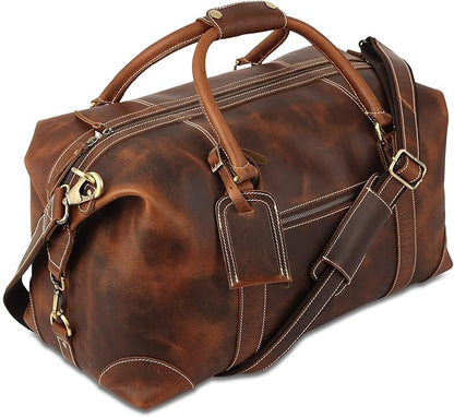 KomalC Leather Duffel Bags for Men and Women - Full Grain Buffalo Leather - Dark Tan