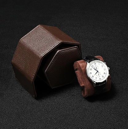Oirlv Luxury Hexagonal Leather Watch Travel Case Single Watch Box for Men Portable Jewelry Storage Roll Organizer(1-Slot,Brown)