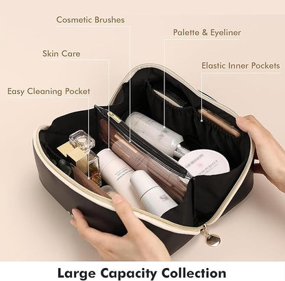 Prite Makeup Bag for Women Travel Waterproof Vegan Leather Cosmetic Bag Open Flat Toiletry Bag With Clear Divider and Handle (Black)