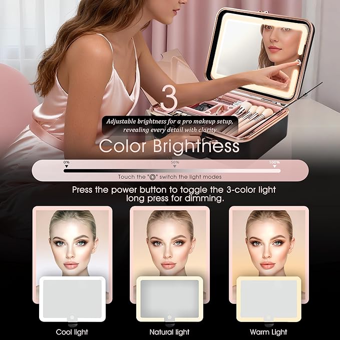 Travel Makeup Case with LED Lighted Mirror 12 Inch Portable Makeup Box Organizer Adjustable Brightness in 3 Colors Cosmetic Storage Case with Dividers Hard Aluminum Shell Vanity Box Black