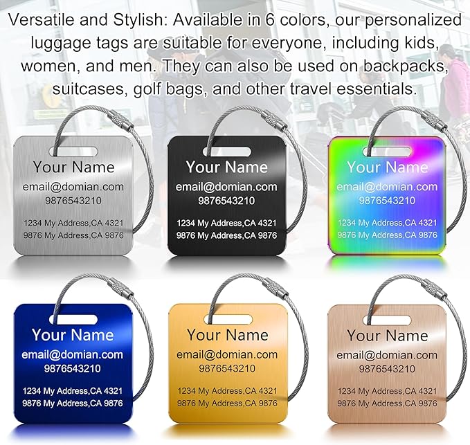 Stainless Steel Personalized Luggage Tags for Suitcases - Custom Name ID Travel Tags for Luggage, Backpacks and Bags - Metal Travel Essentials Accessories for Kids, Women and Men - Bulk Set (4 Pack)