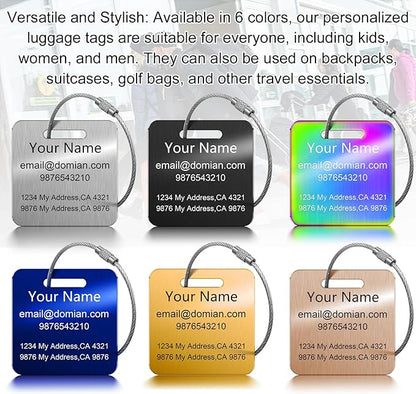 Stainless Steel Personalized Luggage Tags for Suitcases - Custom Name ID Travel Tags for Luggage, Backpacks and Bags - Metal Travel Essentials Accessories for Kids, Women and Men - Bulk Set (4 Pack)