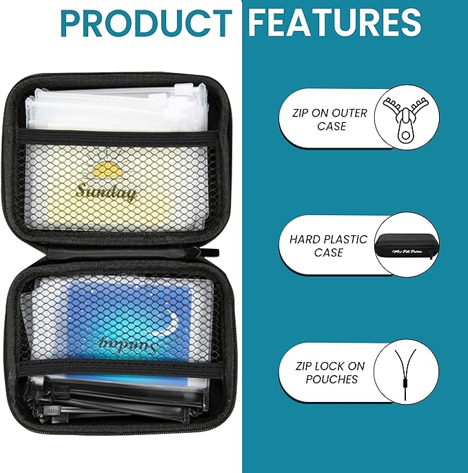 Day and Night Pill Organizer 14 Mini Pill Bags Color Coded, Pre-Labeled Days of The Week, Travel AM PM Pill Organizer 7 Day 2 Times A Day Small Med Wallet Recommend Two if Lots of Pills