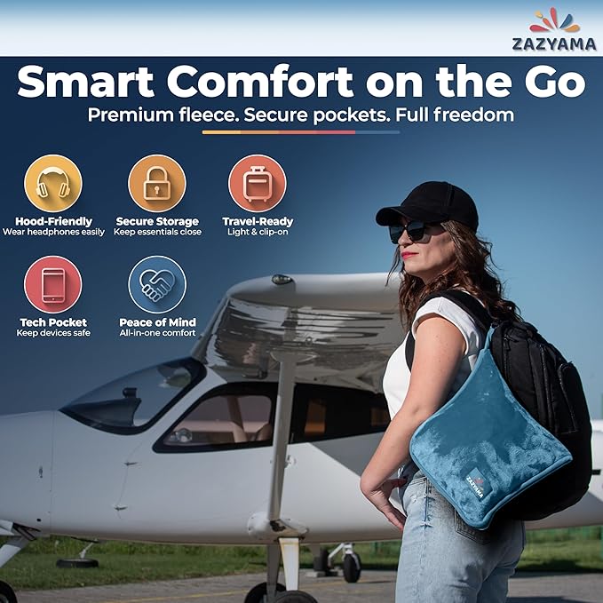 3-in-1 Travel Blanket Airplane – Compact with Bag & Pillow Combo Set, Dusty Blue Ultra-Soft Fleece | Packable Blanket Compact | Hidden Pocket | Trolley Sleeve | Carabiner | Travel Essentials