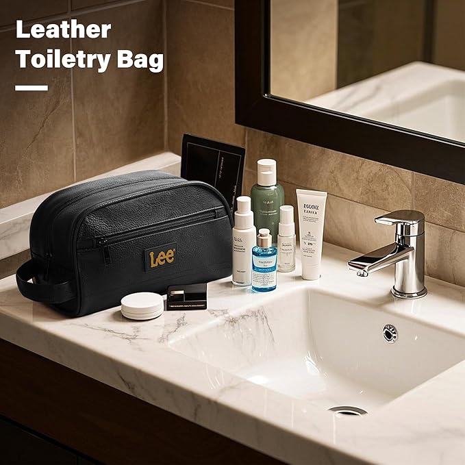 Lee Toiletry Bag for Men, PU Leather Travel Dopp Kit, Water-Resistant Men's Shaving Kit Bathroom Organizer, Gifts for Men