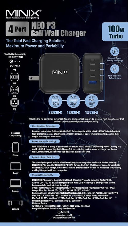 MINIX NEO P3 100W Turbo 4-Port GaN Wall Charger, 3 x USB C port Fast Charging Power Adapter(Max 100W/20W), 1 USB-A (Max 18W). Compatible with MacBook Pro Air, iPad Pro, iPhone 17/16 Pro Max,Galaxy S23