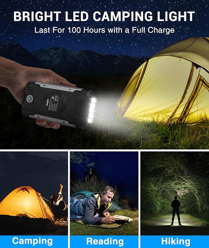 Solar Charger Power Bank -38600mAh Solar Phone Charger Built in 3 Cables Waterproof Outdoor External Battery Pack with 4 Outputs 2 Inputs USB C 15 W Powerbank with Camping Light Compass