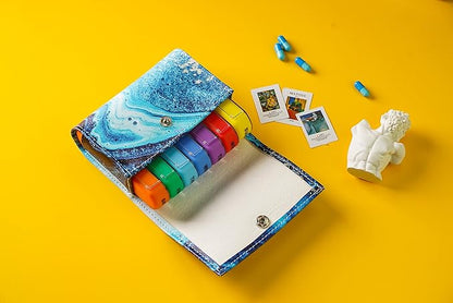 Pill Organizer,LIZIMANDU Weekly Travel Pill Case Box Medication Reminder Daily AM PM, Day Night 7 Compartments,for 4 Times A Day, 7 Days a Week-Includes Leather PU Carrying Case (Blue Quicksand)