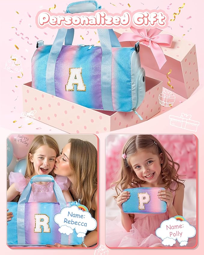 Girl Must Haves-Girl Gym Bag with Shoe Compartment, Kid Personalized Weekender Overnight Bags, Travel Tote with Makeup Pouch, Gift for 3 4 5 6 7 8 9 10 11 12 Year Old Girls (Letter S)
