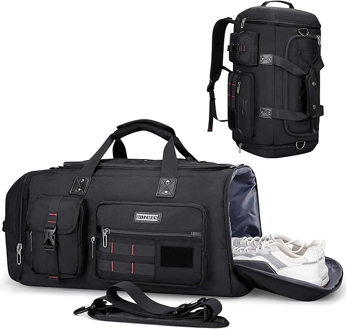 WITZMAN Travel Duffel Bags for Men Large Carry On Weekender Overnight Bag 3 in 1 Backpack with Shoe Compartment （B693 Black）