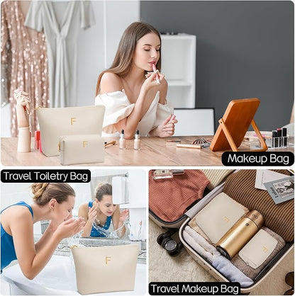 Women Gifts | Initial Makeup Bag Set for Girl Personalized Gifts for Bridesmaid Friend Graduation Teachers PU Leather Cosmetic Travel Toiletry Bag(Beige,F)