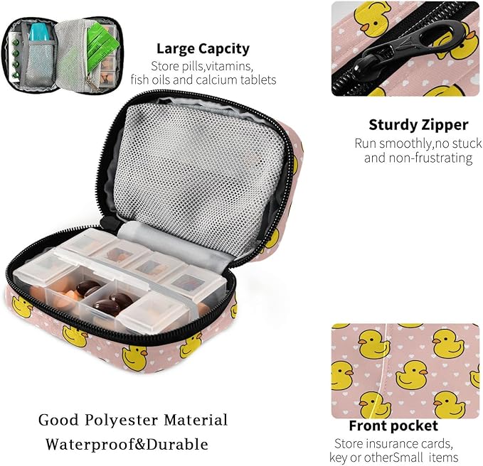 Fustylead Cartoon Duck Travel Pill Organizer Bag with Zipper Small Pill Box 7 Day Pill Case for Purse Storage Weekly Vitamin Medicine Supplement