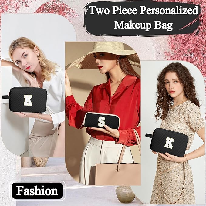 Personalized Initial Makeup Bag Trendy Stuff Leather Waterproof Cosmetic Bag Travel Toiletry Bag, Christmas/Thanksgiving/Halloween Gifts Makeup Organizer Case for Women Girls Mom Girlfriend Wife