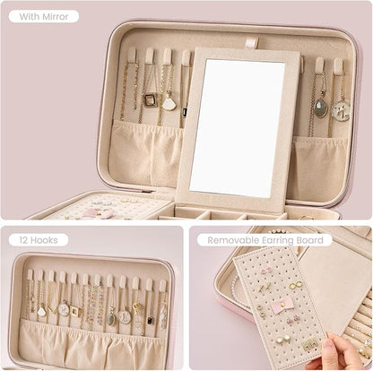 Lolalet Travel Jewelry Case for Women Girls, Travel Jewelry Organizer Box with Mirror & Clear Storage Bag, Small Portable Earring Necklace Bracelet Ring Case, Birthday Christmas Gifts -Large, Pink