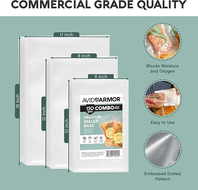 Avid Armor Vacuum Sealer Bags, Vac Seal Bags for Food Storage, Freezing, and Sous Vide Cooking, Non-BPA Freezer Vacuum Sealer Bags, Pint, Quart, and Gallon Sizes Combo Pack, 150 Bags