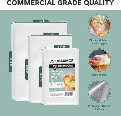 Avid Armor Vacuum Sealer Bags, Vac Seal Bags for Food Storage, Freezing, and Sous Vide Cooking, Non-BPA Freezer Vacuum Sealer Bags, Pint, Quart, and Gallon Sizes Combo Pack, 150 Bags