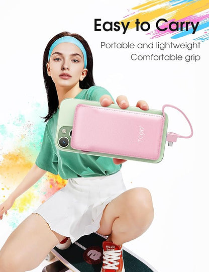 TG90° 10000mAh External Battery Pack with Built-in AC Wall Plug, Compact Cell Phone Portable Charger with Cables Power Bank Compatible with iPhone and Android Devices