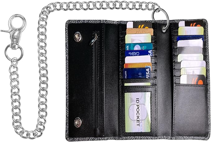 IBRO VINTAGE Motorcycle Chain Wallet for Men – Premium Cowhide Leather, RFID Tri-Fold Biker Wallet with Heavy Duty Chain for Bikers Truckers & Hunters, Credit Card Money Organizer Long Wallet