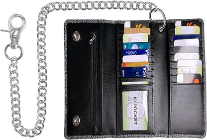 IBRO VINTAGE Motorcycle Chain Wallet for Men – Premium Cowhide Leather, RFID Tri-Fold Biker Wallet with Heavy Duty Chain for Bikers Truckers & Hunters, Credit Card Money Organizer Long Wallet