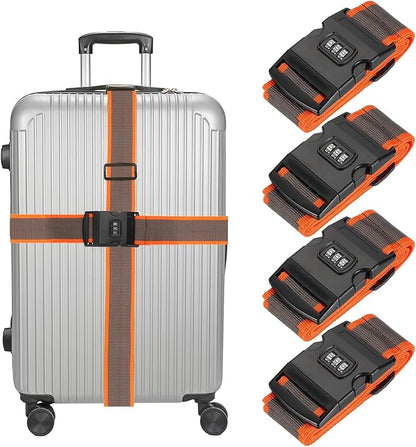 MECCANIXITY Luggage Straps with Combination Lock Adjustable Suitcase Belt Strap for Suitcase Briefcase Backpack Travel, Gray-Orange, Pack of 4