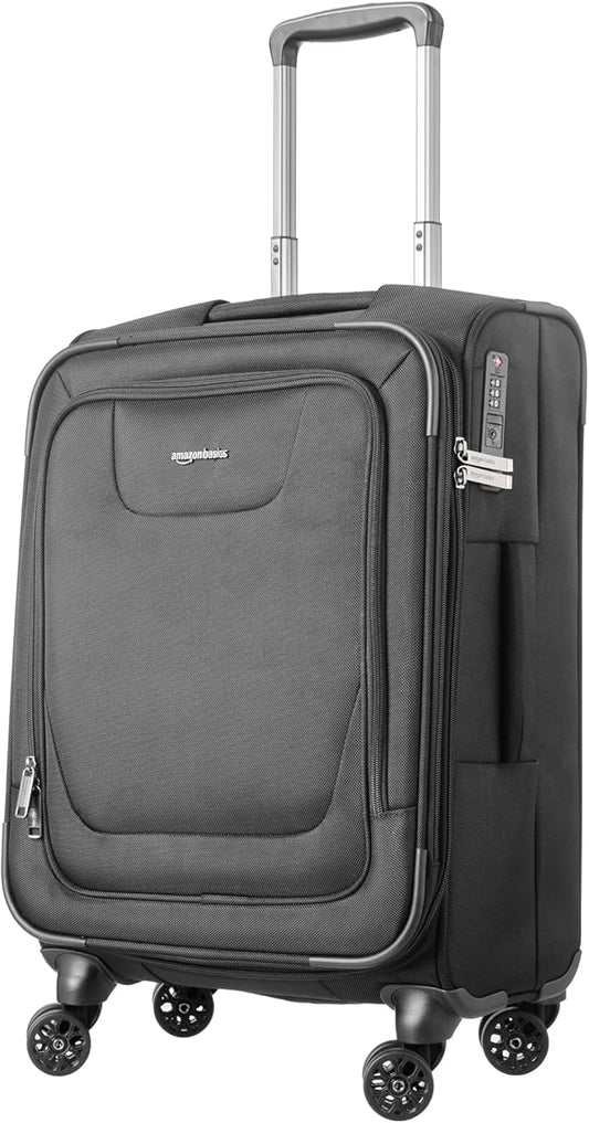 Amazon Basics 17" Carry On Luggage, Softside Suitcase With TSA Lock, 8 Spinner Wheels, Front Exterior Pocket, 3 Interior Pockets For Dry and Damp Clothes/Towels Separately, Black