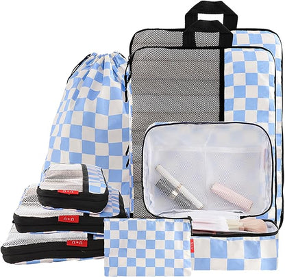 U+U 8 Set Compression Packing Cubes - Ultralight Travel Organizers with Laundry Bag and Cosmetic Bag, Space-Saving Suitcase Organizer for Travel, Business Trip and Family Vacation (Blue Checkered)