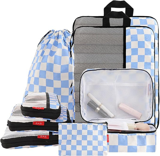 U+U 8 Set Compression Packing Cubes - Ultralight Travel Organizers with Laundry Bag and Cosmetic Bag, Space-Saving Suitcase Organizer for Travel, Business Trip and Family Vacation (Blue Checkered)