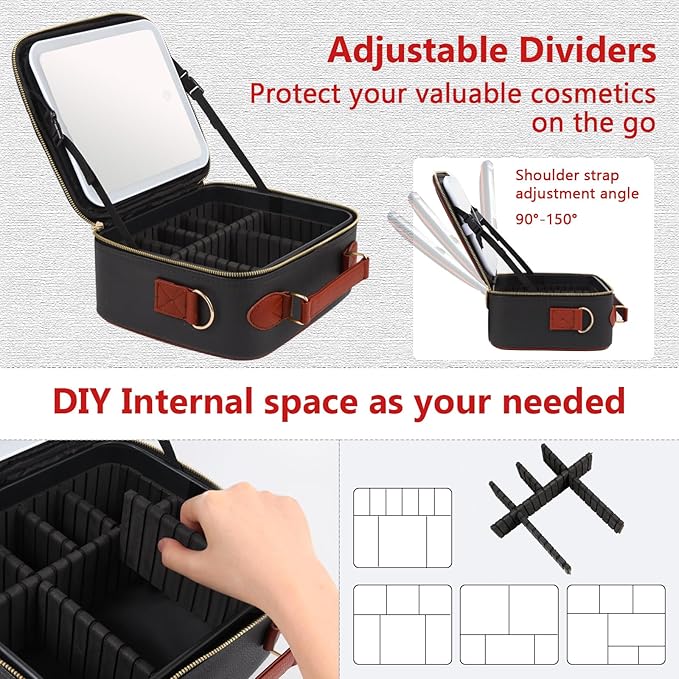 Travel Makeup Bag with Mirror of LED Lighted, Rechargeable Cosmetic Train Case Artist Makeup Organizer for Women with Adjustable Dividers, Makeup Brushes Holder and Strap (CosMirr-Black02)