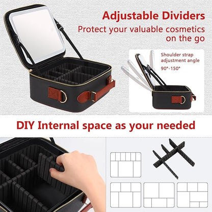 Travel Makeup Bag with Mirror of LED Lighted, Rechargeable Cosmetic Train Case Artist Makeup Organizer for Women with Adjustable Dividers, Makeup Brushes Holder and Strap (CosMirr-Black02)