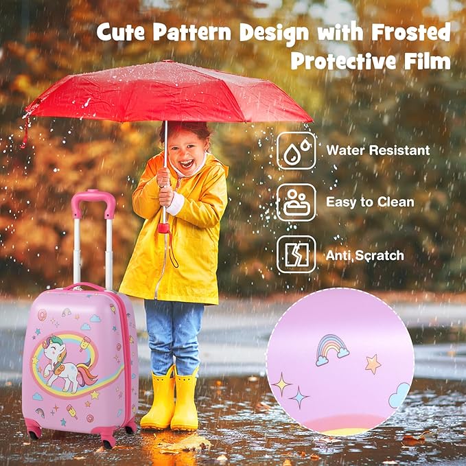 KOTEK Kids Carry On Luggage Set, 16" Hardside Rolling Suitcase with Spinner Wheels, Travel Rolling Luggage for Boys Girls (Pink Unicorn)