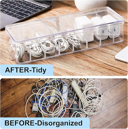 Tatuo 12 Pcs Cable Organizer Box with Wire Ties, Plastic Cord Storage Box with Lid, Electronics Organizer for Home Office Desk Organizers and Accessories (Clear)