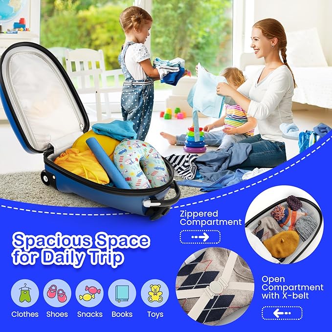 HONEY JOY Kids Luggage, 16” Children Rolling Suitcase w/Wheels & Telescopic Handle, Hard Shell Lightweight Travel Luggage for Toddlers, Carry On Luggage with Wheels for Boys Girls(Blue Astronaut)