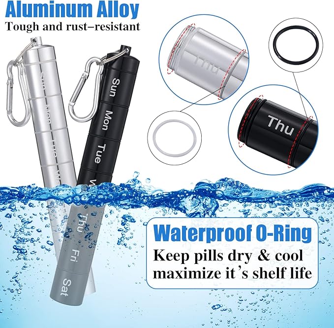 Vesici 2 Pack Metal Weekly Pill Organizer Travel Pill Container with Keychain 7 Day Weekly Waterproof Small Capsules Holder Case Box Stackable for Women Men Travel Outdoor(Black, Silver)