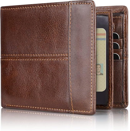 Swallowmall Leather Wallet for Mens Genuine Leather RFID Blocking Bifold Wallets with 1 ID Window 15 Card Slots