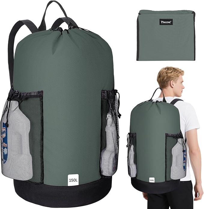 BALEINE 150L Laundry Bag Backpack, 900D Oxford Fabric Large Travel Laundry Bags with Shoulder Straps and 2 Mesh Pockets for College Dorm, Apartment, Laundromat (Dark Grey, 150L)