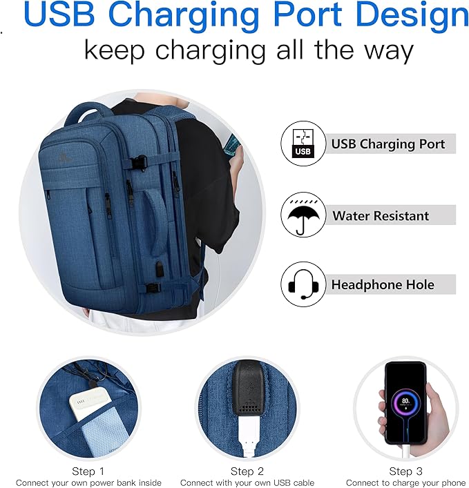 Large Travel Laptop Backpack for Men, 50L Carry On Backpack, Expandable Laptop Bag Water Resistant Overnight Weekender Gym Daypack Traveling Backpack, Traveler Gifts, Blue
