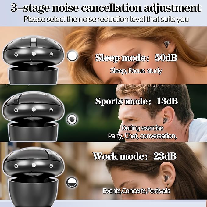 Ear Plugs for Sleeping 50dB Noise Cancelling Earbuds with 6 Eartips Ear Plugs for Concerts/Shooting/Travel/Snoring Silicone Hearing Protection Sleep EarPlugs Reusable,Black