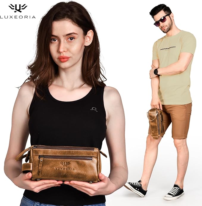 LUXEORIA Genuine Leather Toiletry Bags for Men and Women, Handmade Premium Leather Dopp Kit and Shaving Bag, Cosmetic Bag for Womens and Mens, Travel Essentials & Organizers