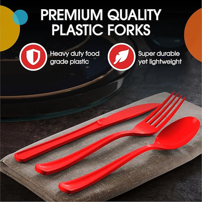 Red Plastic Silverware Heavy Duty 300 Pieces Red Disposable Silverware Heavy Duty, Utensil Sets, 100 Of Each Forks, Knives & Spoons Disposable Cutlery Set For Party Supplies