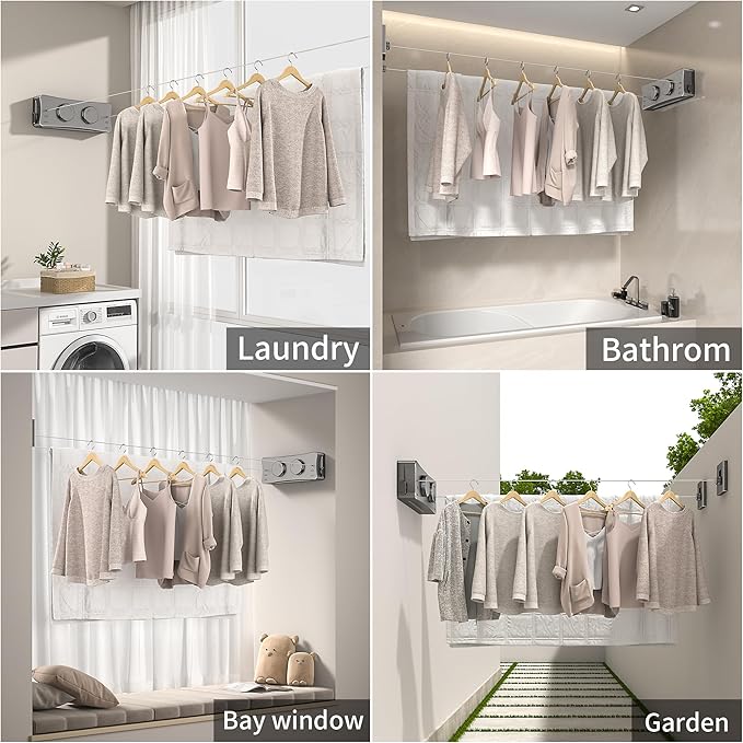 JOOM Retractable Clothesline Heavy Duty Clothes Drying Laundry Line Wall Mounted Easy Hanging Clothes Drying Laundry Line Retracting Hanging Lock to Prevent Sagging (Two line,Grey)