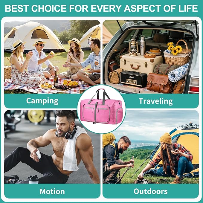 Dimayar Travel Duffle Bag for Men Women - Foldable Duffel Bag with Shoes Compartment - Overnight Bags Waterproof & Tear Resistant(85L,Pink)