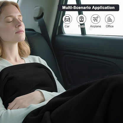 2-in-1 Convertible Travel Blanket & Pillow-Ultra Soft, Compact & Packable with Hand Luggage Sleeve and Backpack Clip for Flight & Car,Black