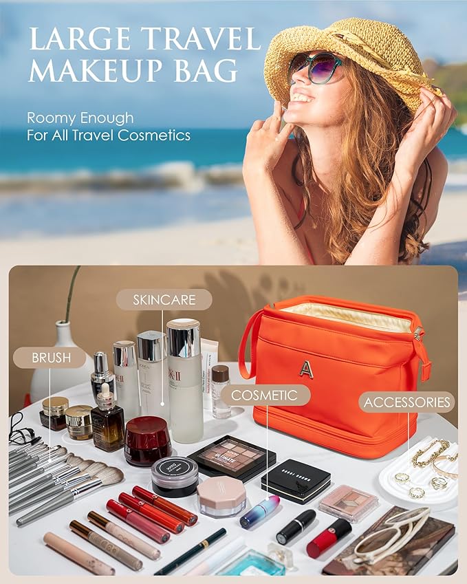 Bridesmaid Gifts for Women, Initial Makeup Bag, Personalized Double Layer Cosmetic Bag with Makeup Brush Organizer, Large Capacity PU Leather Travel Toiletry Bag, Personalized Teacher Gifts