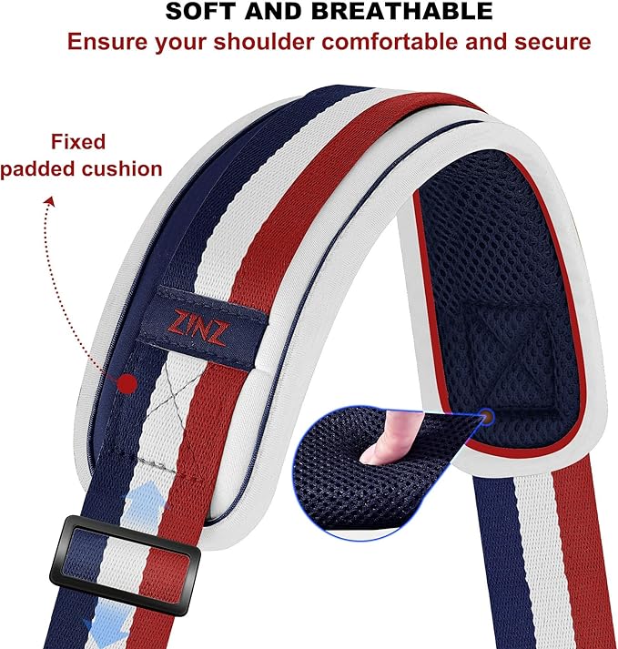 ZINZ 74" Shoulder Strap with Fixed Pad and Dual Balanced Buckles，Blue-White-Red Stripe